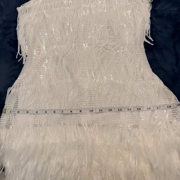White Sequined Fringe & Feather Mini Dress - Picture 9 of 10